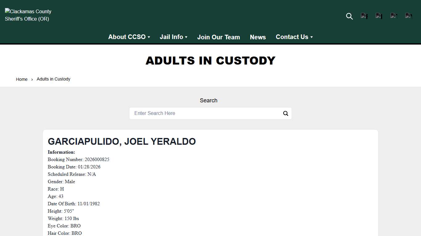 Adults in Custody Clackamas County Sheriff’s Office (OR)